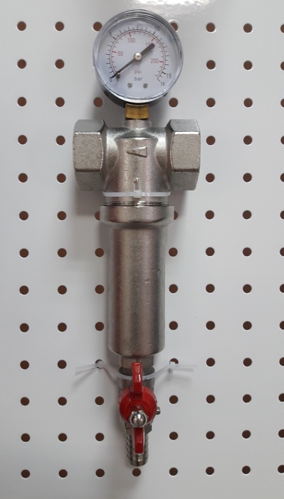 Латунный механический фильтр с сетчатым картриджем из нерж.стали 100мк с манометром